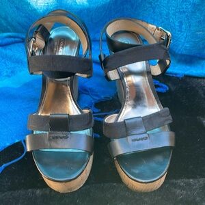 Coach Charla Wedges Black Leather Signature Fabric Platform Cork Sandals Size 8